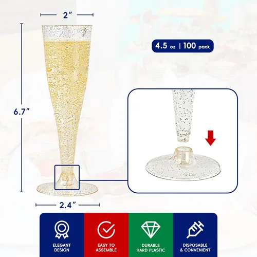 Miniatura 2 de JOLLY CHEF Paquete de 100 copas de champán de plástico desechables de 4.5 onzas con purpurina dorada para boda, día de Acción de Gracias, Navidad