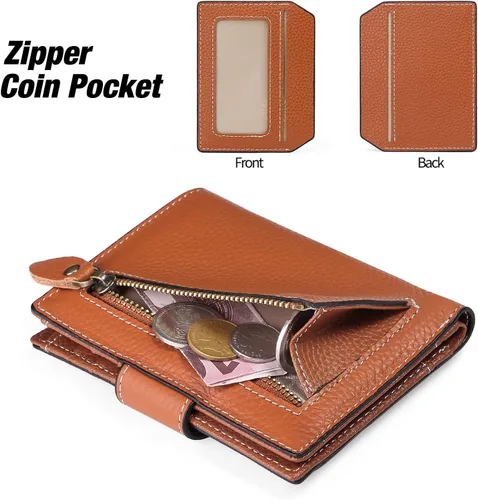Miniatura 5 de FALAN MULE Cartera pequeña para mujer, de piel auténtica, plegable, compacta, con bloqueo RFID, pequeña cartera para mujer, ZAO-Caramelo, Compacto