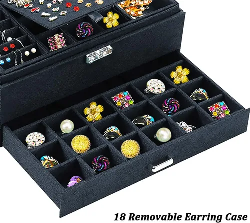 Miniatura 6 de Joyeros para mujer, organizador de joyas de terciopelo negro con cerradura, organizadores de joyas para adolescentes, organizador de joyas