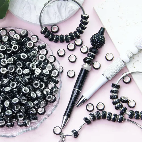 Miniatura 7 de 60 Piezas Cuentas Espaciadoras de Diamantes de Imitación con Agujero Grande Cuentas Espaciadoras Negras Europeas para Manualidades Cuentas Grandes