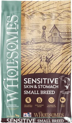 Wholesomes Sensitive Skin & Stomach Small Breed Dry Dog Food, Salmon Meal & Brown Rice Recipe, Pea-Free & Whole Grains, All Life Stages, 12 lb Bag