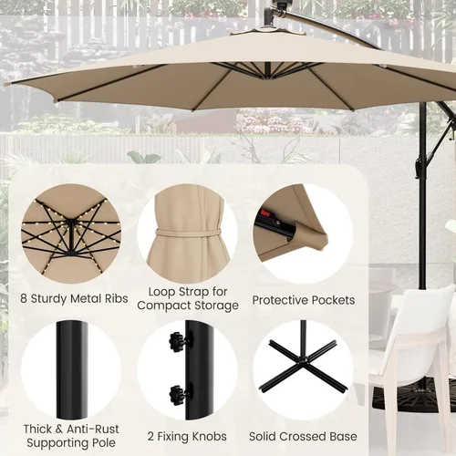 Miniatura 7 de Tangkula Sombrilla solar de 10 pies, sombrilla colgante inclinada en voladizo con 112 luces LED de lluvia de meteoros, con manivela, sombrilla
