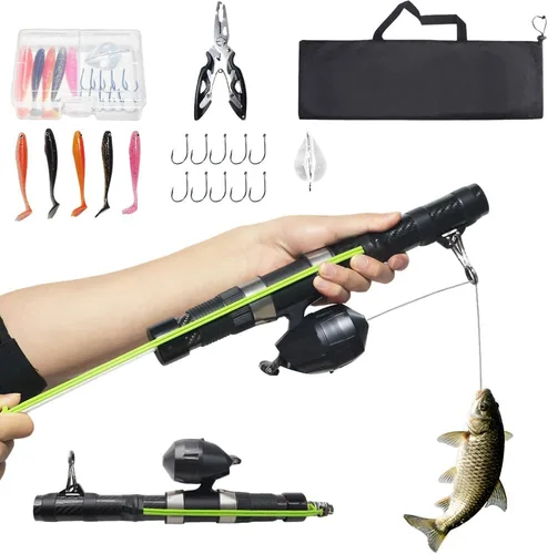 SUFFUSE Caña de catapulta de pesca, cañas de pesca portátiles de fibra de carbono y carretes combo para proyectar señuelos, equipo de pesca compacto