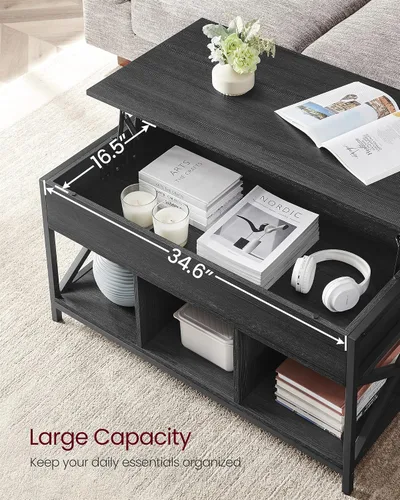 Miniatura 6 de VASAGLE Mesa de Centro con Tapa Elevable, Mesa de Café Elevable con Estante de Almacenamiento, Compartimentos Ocultos y Tapa Elevable, para Sala