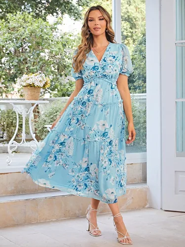 Miniatura 2 de Amegoya - Vestido largo casual de manga corta con cuello en V para mujer, diseño floral, estilo bohemio, para la playa, sesión de fotos, con volantes