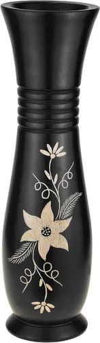 Elegante flor de jazmín tallada a mano, color negro, 14 pulgadas, florero de madera de árbol de mango