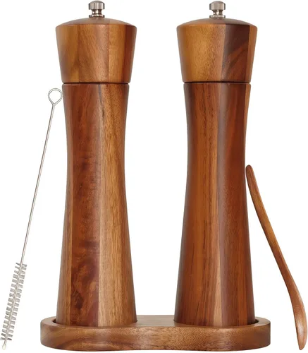Miniatura 9 de 2 Pieces Acacia Wood Manual Pepper Grinder and Sea Salt Mill Set Handheld Spice Tool for Kitchen(IronWaist-shaped)