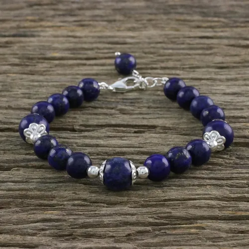 Miniatura 4 de NOVICA Lapislázuli Plata de ley 925 pulsera con abalorio, 7.75," "Deep floral