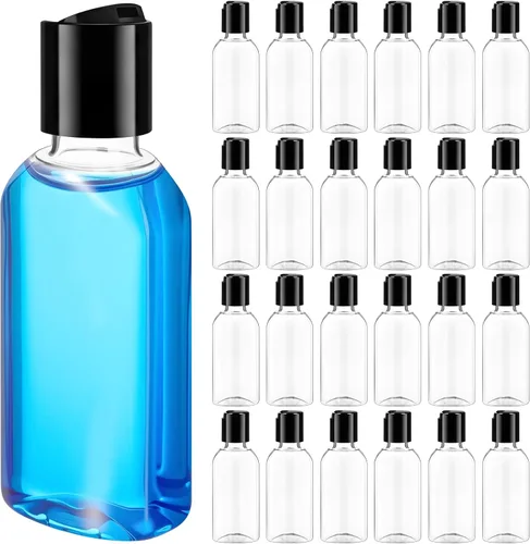 Domensi 24 recipientes de plástico para botellas con tapa de disco, botellas de viaje, reutilizables, vacíos, para artículos de tocador, recipientes