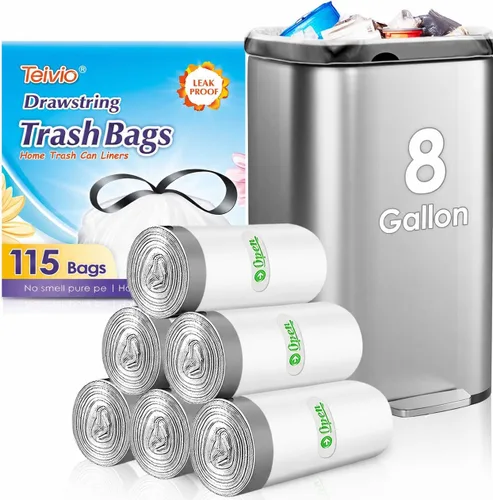 Miniatura 11 de Bolsas de basura con cordón de Teivio, 1.6 galones, 120 unidades, bolsas de basura resistentes, tamaño mediano, para papeleras de cocina y baño