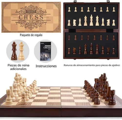 Miniatura 8 de AMEROUS - Juego de ajedrez magnético de madera de 15 pulgadas para adultos y niños - con tablero plegable, paquete de regalo, ranuras