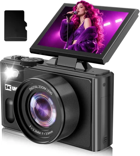 Cámara digital 5K para fotografía, cámara digital de 80 MP con pantalla abatible de 3 pulgadas y 180° con zoom de 18X, tarjeta SD de 64 GB, cámara