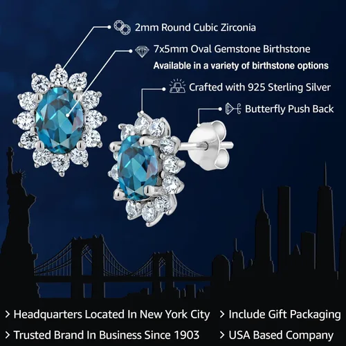 Miniatura 128 de Gem Stone King Aretes ovalados de plata de ley 925 de 0.276 x 0.197 in con piedra natal de la princesa Diana, estilo halo real para mujeres