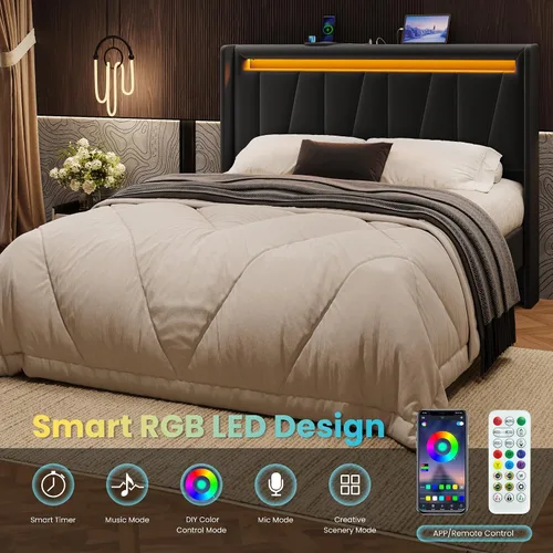 Miniatura 4 de SHA CERLIN - Base de cama Queen con estación de carga y luces LED, cama moderna de plataforma de terciopelo con cabecero tapizado geométrico,