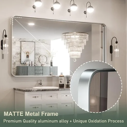 Miniatura 3 de TokeShimi - Espejo rectangular para pared de baño, con marco de metal de latón cepillado, esquinas redondeadas, se cuelga horizontal o Plata