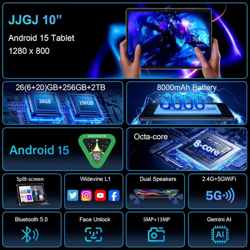 Miniatura 2 de JJGJ Tablet Android 15 2026 con teclado, 26 GB+256 GB, expansión de 2 TB, tableta de 10 pulgadas con octa-Core, 8000 mAh, WiFi 5G, BT5.0, Widevine