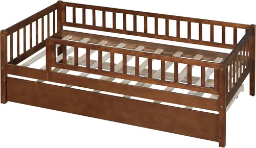 Miniatura 9 de Harper & Bright Designs Sofá cama individual con nido, marco de cama infantil de madera tamaño individual con valla, cama nido individual