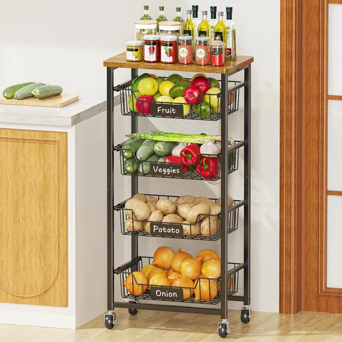 Miniatura 9 de XYZLVSI Carrito de almacenamiento de cocina con ruedas, carrito de metal de 4 niveles, cesta de almacenamiento de frutas y verduras, estante