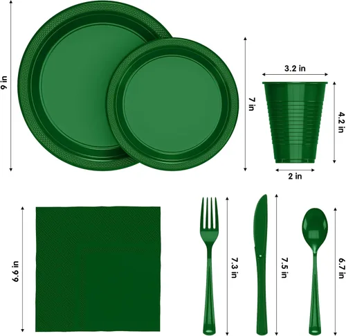 Miniatura 2 de Juego de 350 platos de plástico verde esmeralda para fiestas, juego de platos desechables verde esmeralda, 50 de cada juego de platos llanos de 9