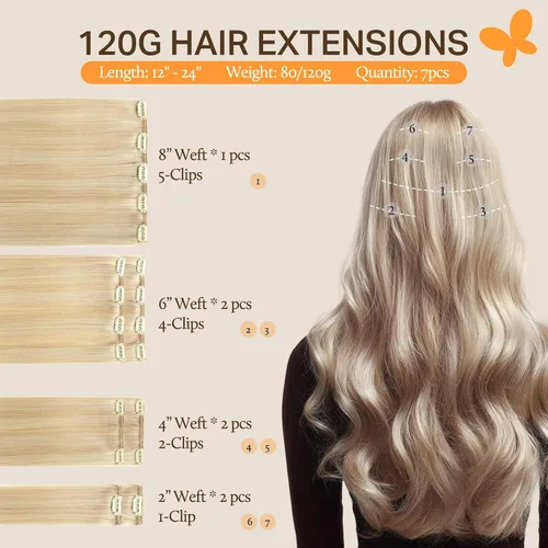 Miniatura 2 de DOORES Clip in Human Hair Extensions, Soft Golden Blonde Subtle Highlights 16 Inch 7pcs 120g, Remy Clip in Hair Extensions Thick Straight
