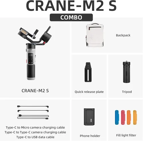 Miniatura 2 de Zhiyun Crane M2S Combo Gimbal Estabilizador para cámaras, luz de llenado integrada, control Bluetooth, disparo vertical, compatible con cámaras sin