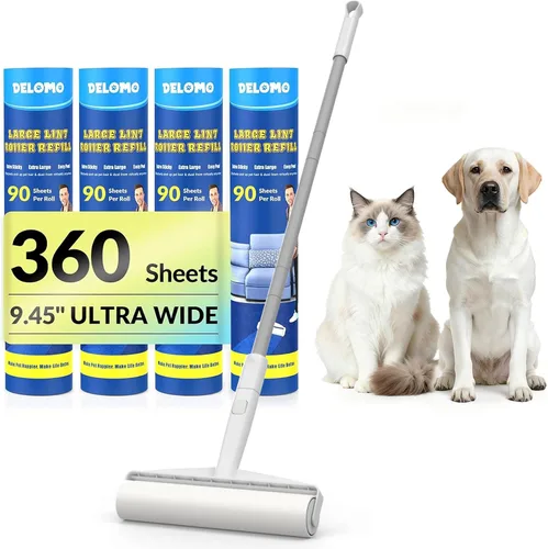 Rodillo de pelusa grande para pisos, alfombras, muebles, cama, removedor de pelo de mascotas extra pegajoso de 9.45 pulgadas de ancho, 4 recambios