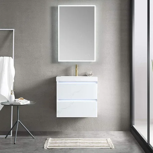 Miniatura 4 de Blossom Tocador de baño LED de 24 pulgadas – Tocador flotante montado en la pared con luces – 100% impermeable PVC de grado marino – Moderno