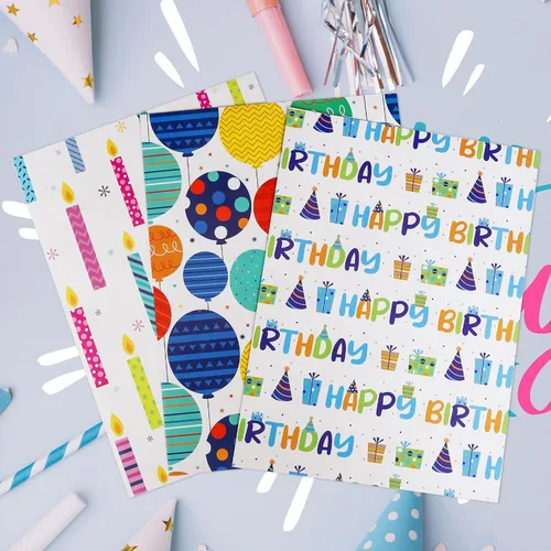 Miniatura 3 de BULKYTREE Papel de regalo de cumpleaños para niños, niñas, niños, hombres y mujeres, fiestas de vacaciones, 3 hojas grandes, globos