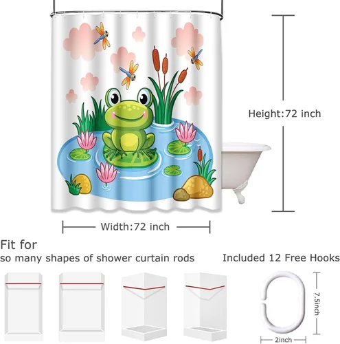 Miniatura 2 de Emvency Cortina de ducha azul con dibujos animados de rana sentada en estanque estilo infantil lago con animales, tela de poliéster impermeable