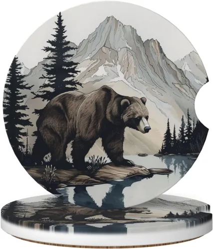 2 posavasos para automóvil, pintura de árbol de oso, base de corcho antideslizante, diseño de ranura, ajuste universal, cerámica, marrón