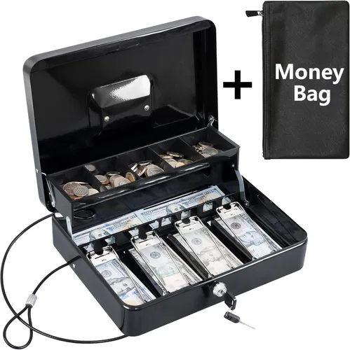 Miniatura 19 de KYODOLED Caja de dinero grande con cerradura de combinación, caja de dinero con bandeja para efectivo, caja fuerte con cerradura con llave, Negro-2
