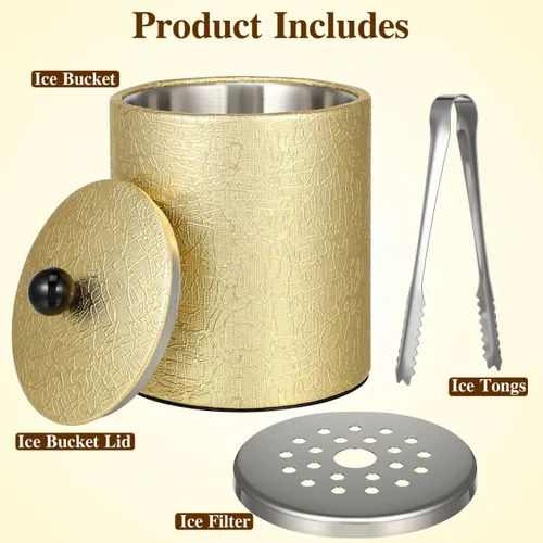 Miniatura 4 de Cubo de hielo con tapa, 2.8 L, doble pared de acero inoxidable que mantiene el frío durante más tiempo, cubo de hielo dorado aislado con pinza