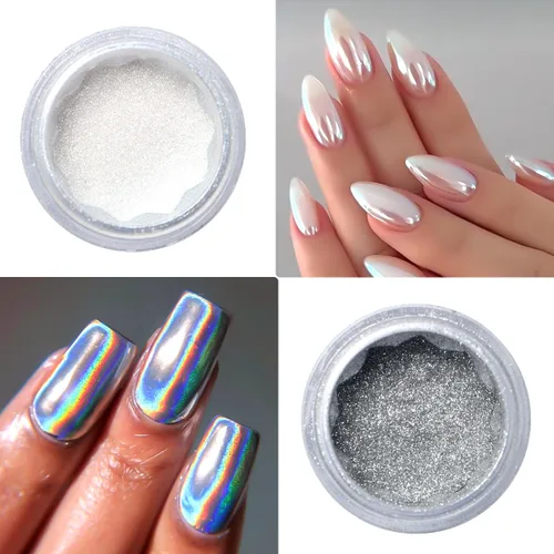 Miniatura 4 de Kit de Polvo de Uñas Cromado y Gel de Uñas 3D, Efecto Espejo Metálico Brillante Polvo Cromado Para Arte de Uñas, Pigmento de Polvo de Inmersión