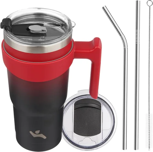 Miniatura 31 de Konokyo - Vaso de 10 onzas con asa y 2 popotes, 2 tapas, botella de agua aislada de acero inoxidable, taza de viaje reutilizable, color verde militar
