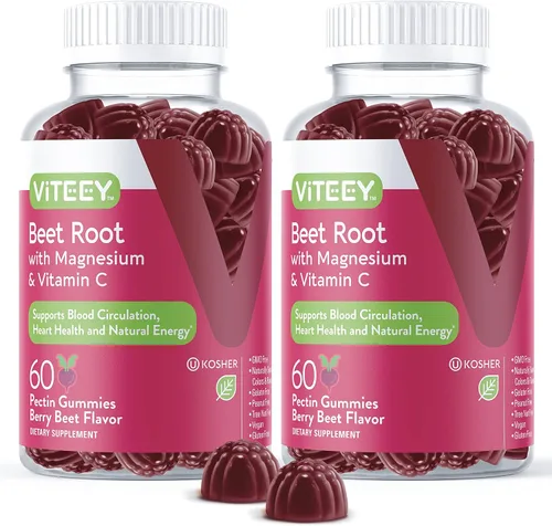 Viteey Gomitas de raíz de remolacha con magnesio y vitamina C – Suplemento de remolacha para la salud del corazón, apoyo a la presión arterial, 60