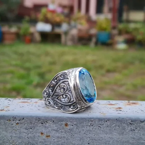 Miniatura 5 de LRESJJIUJ Anillo de acero inoxidable retro con circonitas cúbicas de corte cuadrado, sello de piedra tallada a mano, gema de topacio azul, anillo