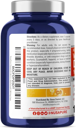 Miniatura 3 de NusaPure 250 mg de vitamina D3 y 200 mcg K-2 cápsulas, 180 cápsulas vegetales (sin OMG, vegano)