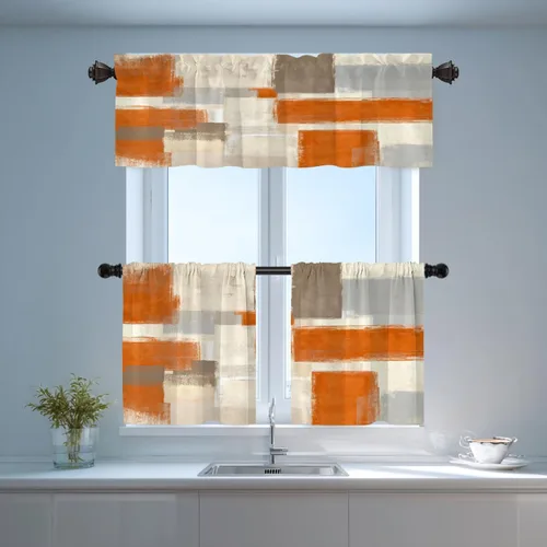 Miniatura 6 de Shrahala Beige and Orange Abstract Art Brushstrokes Blackout Curtain Tiers, Abstract Oil Paint Kitchen Valance Light Blocking Tier Drapes with Rod