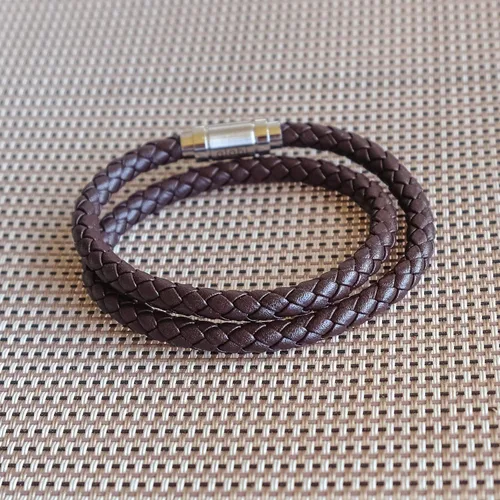 Miniatura 4 de Pulsera de cuero trenzada con cierre magnético de acero inoxidable para hombre, pulsera de cuero auténtico con cierre magnético