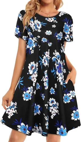 Miniatura 13 de Vestidos de verano para mujer, informales, holgados, estilo camiseta, florales, de manga corta, con vuelo y bolsillos, para la playa