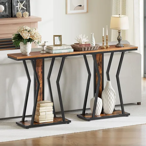 Miniatura 4 de HOOBRO BF66XG01 - Mesa consola estrecha de 29.5 pulgadas con almacenamiento, mesa de sofá de 2 niveles detrás del sofá, estilo moderno, para sala