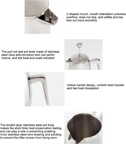 Miniatura 7 de Cafetera de prensa francesa, acero inoxidable de grado 304 con cuchara, tetera de prensa francesa aislada de doble pared para el hogar, 27.1 fl oz