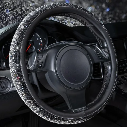 CAR PASS Funda de Volante de Cuero con Diamantes Brillantes, Cristales Brillantes Resplandecientes con Pedrería Universal de 14" 1/2-15" pulgadas,
