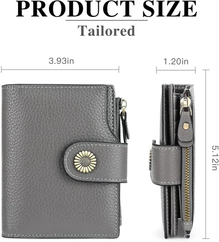 Miniatura 3 de FALAN MULE Cartera pequeña para mujer, de piel auténtica, plegable, compacta, pequeña, con bloqueo RFID, Gris oscuro, Casual