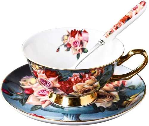 Miniatura 14 de YBK Tech - Juego de tazas y platillos de porcelana de hueso estilo europeo, taza de café de cerámica para el hogar, cocina, boda
