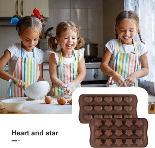 Miniatura 5 de 2 moldes de silicona con forma de corazón y estrella, 15 cavidades para chocolate, bandejas de cubitos de hielo, dulces, pasteles, 100 % de grado
