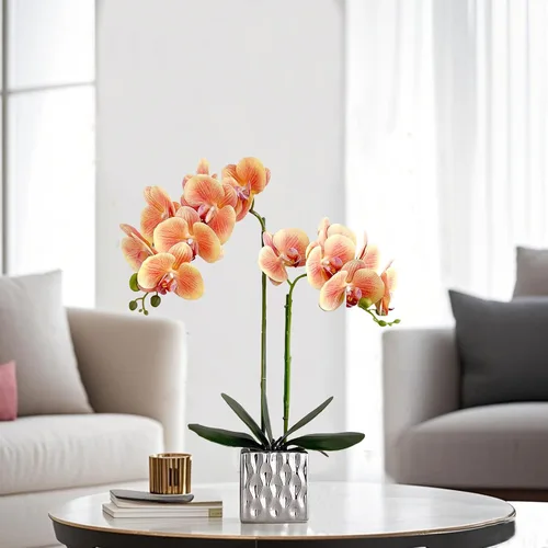 Miniatura 7 de Orquídeas artificiales Floreros de plata, orquídeas artificiales, orquídea naranja, altura 20 pulgadas