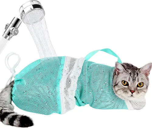 Miniatura 17 de Juego de baño para gatos, 8 piezas, red de ducha para gatos, bozal de malla, cepillo ajustable, cortaúñas, removedor de garrapatas, restricción