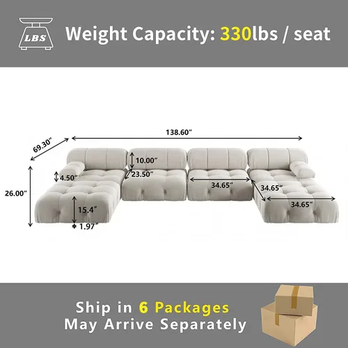 Miniatura 2 de JACH Sofá modular modular de 138 pulgadas, sofás de terciopelo minimalistas en forma de U con tumbonas, sofás convertibles modernos de 6 asientos
