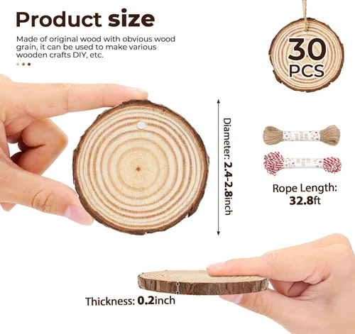 Miniatura 2 de ilauke - Láminas de madera, 30 piezas de 2.4"-2.8" (6.1-7.1 cm) redondas de madera natural con agujero preperforado, círculos de madera con corteza
